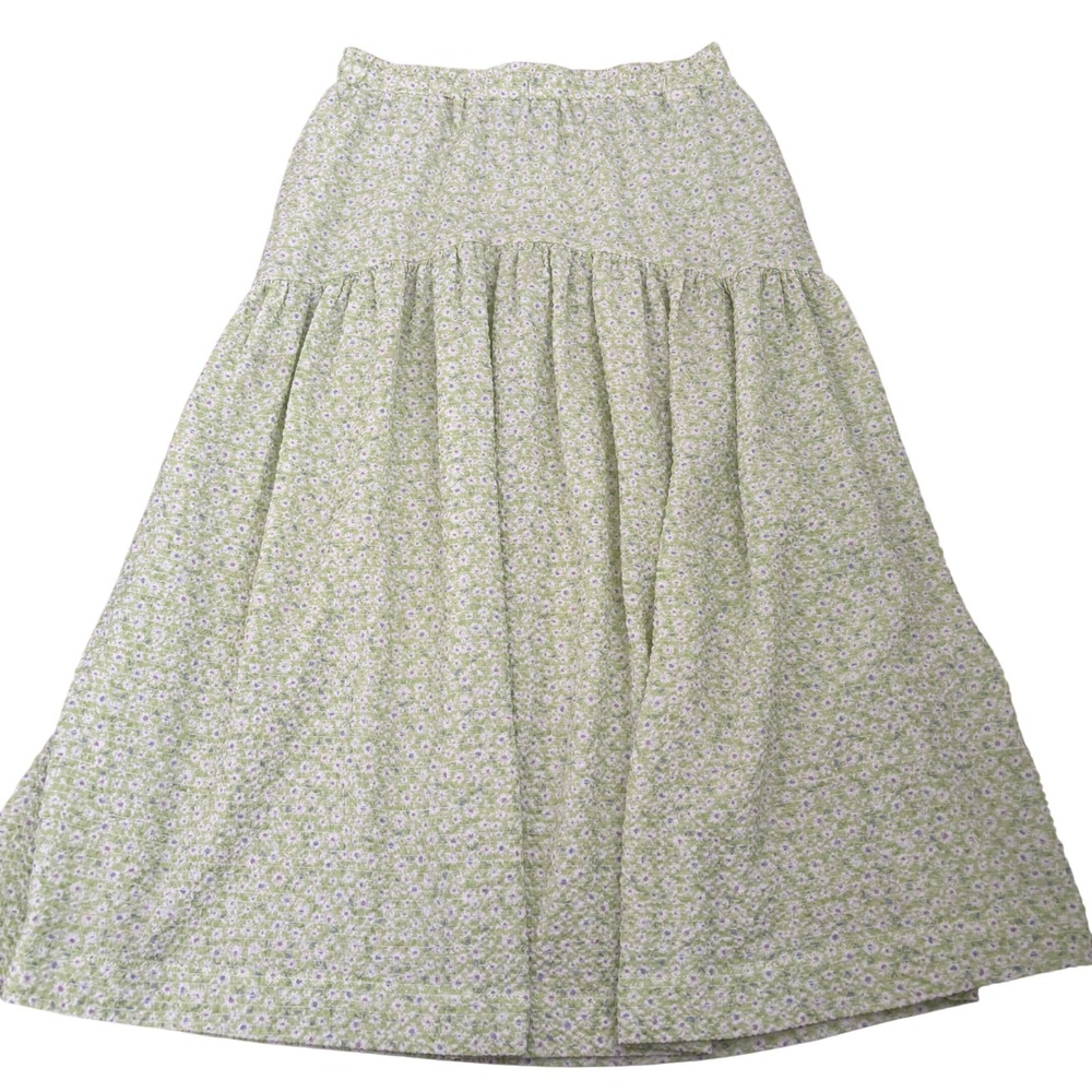 Stradivarius Green Floral Ditsy Print Seersucker Midi Skirt Elastic Waist Size M